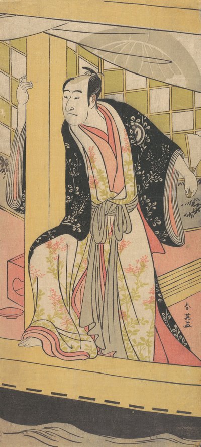 Skuespilleren Sawamura Sojuro 3. som en mann som står i en lystbåt, ca. 1790. av Katsukawa Shun
