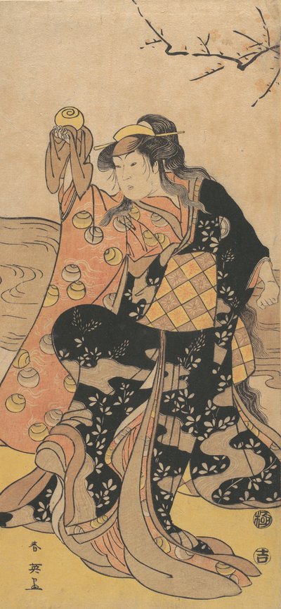 Den fjerde Iwai Hanshiro som en kvinne som holder en krystallkule og danser på bredden av ..., ca. 1788. av Katsukawa Shun
