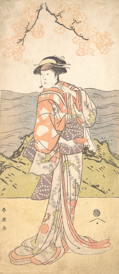 Den fjerde Iwai Hanshiro som en kvinne som står under et kirsebærtre, ca. 1792 av Katsukawa Shun