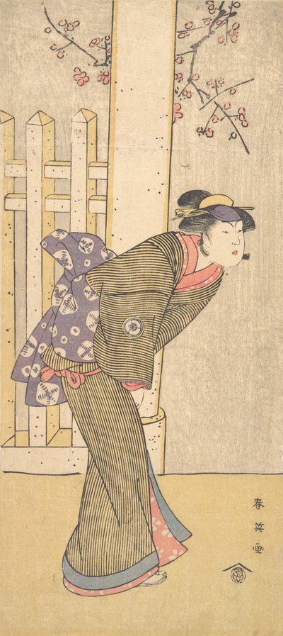Den fjerde Iwai Hanshiro som en kvinne som står under en Torii, ca. 1791 av Katsukawa Shun