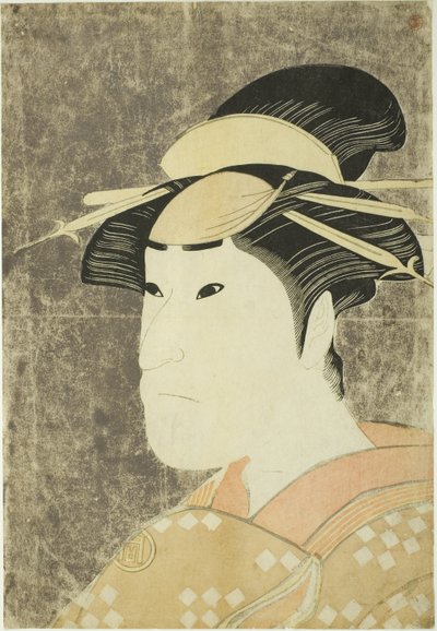 Skuespilleren Sanogawa Ichimatsu III som den Gion-prostituerte Onayo i stykket "Hana-ayame Bunroku Soga," opptrådte på Miyako Theatre i den femte måneden av Katsukawa Shunei