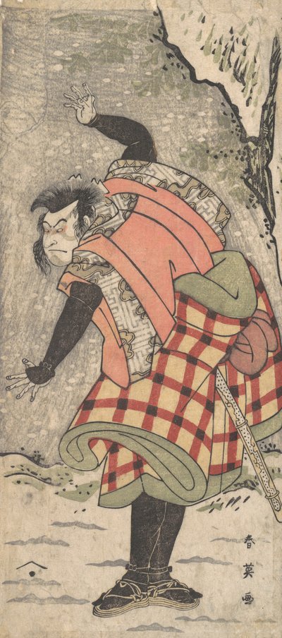 Uidentifisert skuespiller som en Kyokaku som står ved foten av en klippe i en snøstorm, ca. 1793. av Katsukawa Shun