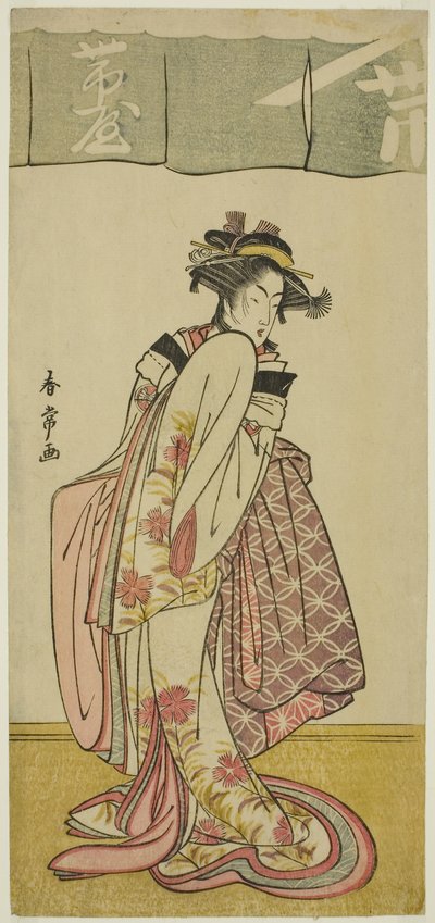 Der Schauspieler Segawa Kikunojo III als Shinanoya Ohan im Stück Kabuki no Hana Bandai Soga, aufgeführt im Ichimura Theater im dritten Monat, ca. 1786 von Katsukawa Shunjō