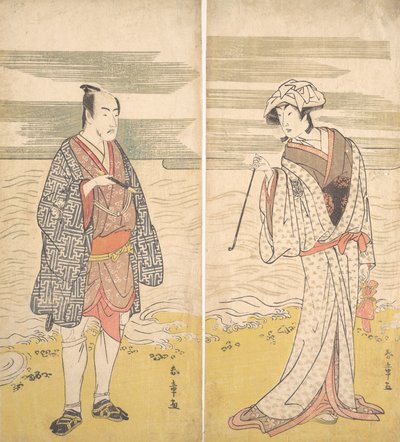 To skuespillere: den fjerde Matsumoto Koshiro som en mann kledd i en kort kimono [til venstre], 1779. av Katsukawa Shunjo
