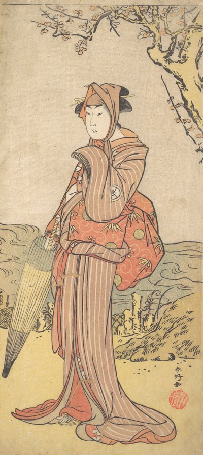 Iwai Kiyotaro som en kvinne som står under et plommetre, ca. 1788. av Katsukawa Shunko