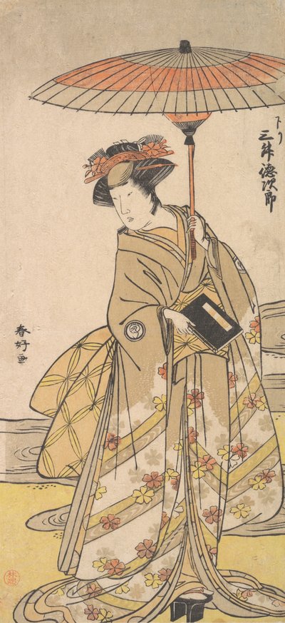 Mimasu Tokujuro som en kvinne som står nær en svingete bekk, ca. 1780. av Katsukawa Shunko