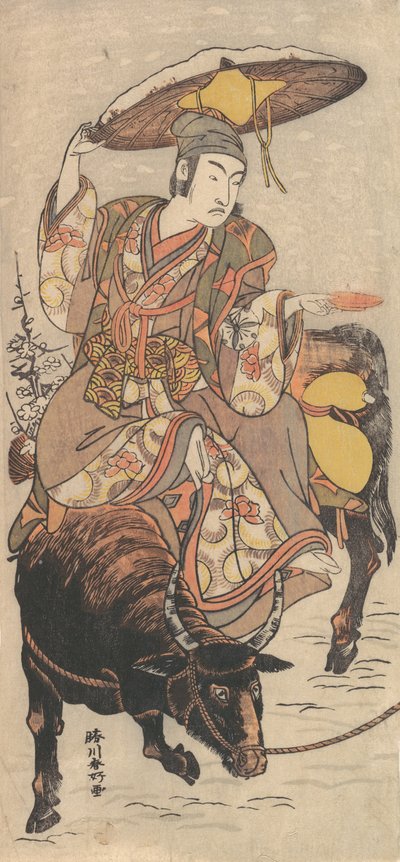 Skuespilleren Matsumoto Koshiro IV på en okse i en snøstorm, ca. 1790. av Katsukawa Shunko