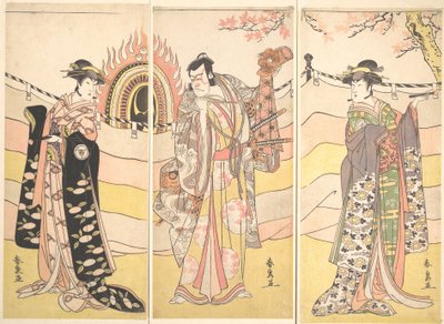 Tre skuespillere i vakre kostymer som fremfører en religiøs dans, ca. 1785. av Katsukawa Shunsen