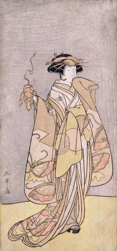 Et portrett i full lengde av skuespilleren Ichikawa Monnosuke II i en kvinnelig rolle som holder en røkelsesbrenner (farget treblokktrykk) av Katsukawa Shunsho