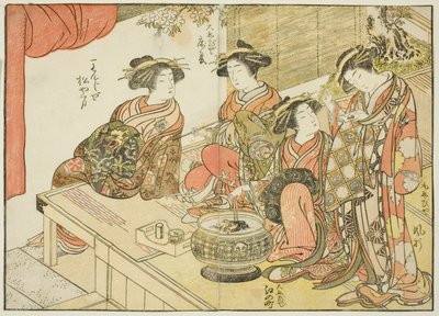 Fire kurtisaner fra forskjellige hus, fra boken "Mirror of Beautiful Women of the Pleasure Quarters (Seiro bijin awase sugata kagami)," vol. 3 av Katsukawa Shunsho