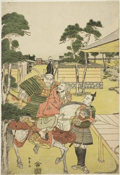 Musashibo Benkei bringer den fangede Tosabo Shoshun til Yoshitsune i skuespillet Horikawa Youchi no Zu Uki-e Nimaitsuzuki, ca. 1782 (treblokktrykk i farger; oban) av Katsukawa Shunsho