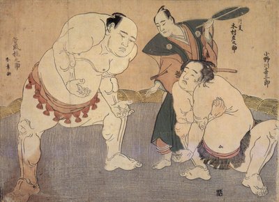 Onagawa Kisaburo og Tanikaze Kajinosuke fremfører Shiriki i Dohyo, referert til av Kimura Shonosuke av Katsukawa Shunsho
