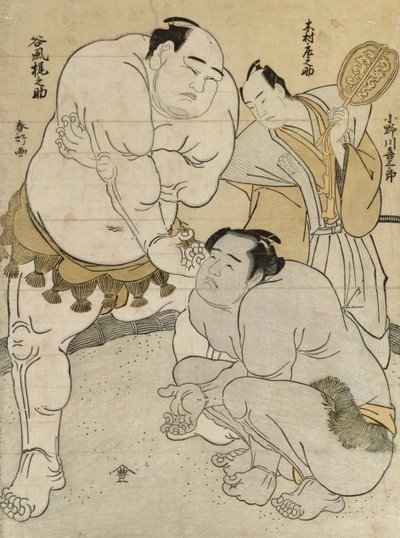 P re parathion s fore tch beto een Onagawa Saburo plan d Kajinosuke Tanikaze, dommer d av Shosuke Kimura av Katsukawa Shunsho