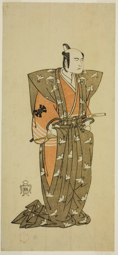Skuespilleren Bando Mitsugoro I som Soga no Juro Sukenari (?) i stykket Shuen Soga Omugaeshi (?), fremført på Ichimura Theatre (?) i den andre måneden, 1768 (?) av Katsukawa Shunsho