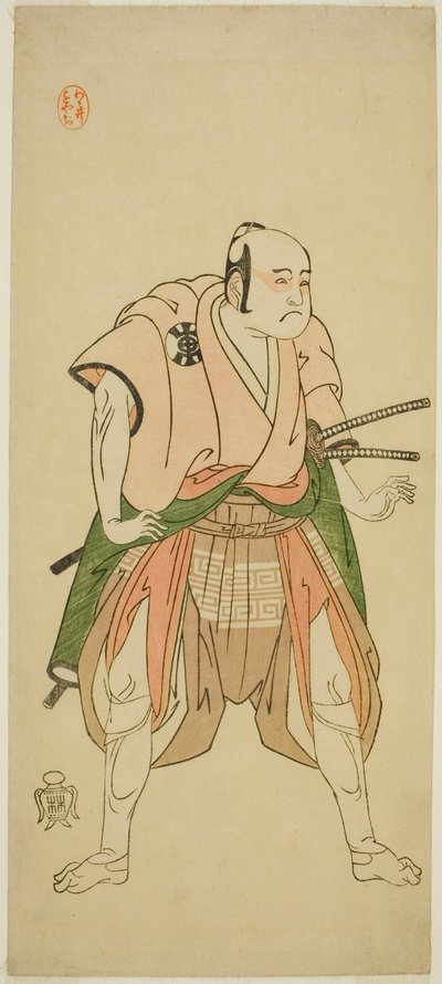 Skuespilleren Bando Sampachi I som Yawata no Saburo (?) i Play Shuen Soga Omugaeshi (?), fremført på Ichimura Theatre (?) i den andre måneden, 1768 (?) av Katsukawa Shunsho