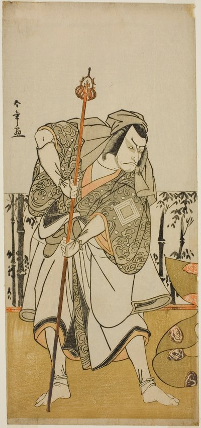 Skuespilleren Ichikawa Danjuro vs Taira no Masakado forkledd som pilegrimen Junjo i stykket Masakado Kammuri no Hatsuyuki, fremført på Nakamura Theatre i den ellevte måneden, av Katsukawa Shunsho