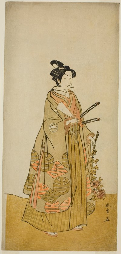 Skuespilleren Ichikawa Monnosuke II som Kichisaburo, Temple Page of Kichijo-ji, i stykket Sono Kyodai Fuji no Sugatami, fremført på Morita Theatre i den andre måneden, 1776 av Katsukawa Shunsho