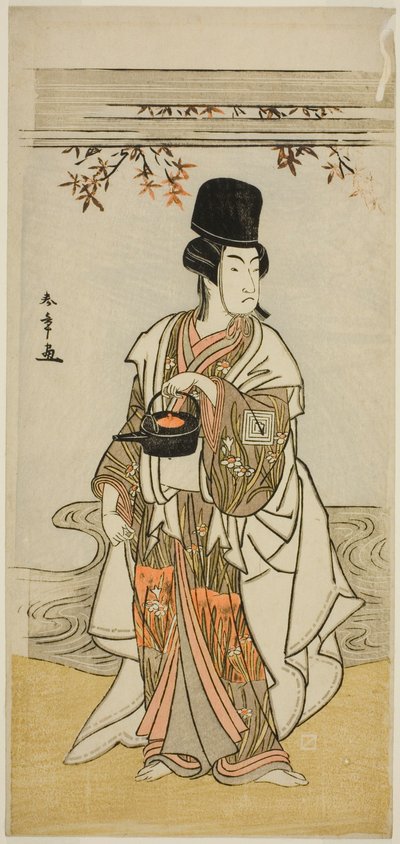 Skuespilleren Ichikawa Monnosuke II som hofftjener Shoheida Sadamori i stykket Masakado Kammuri no Hatsuyuki, fremført på Nakamura Theatre i den ellevte måneden, 1777 av Katsukawa Shunsho