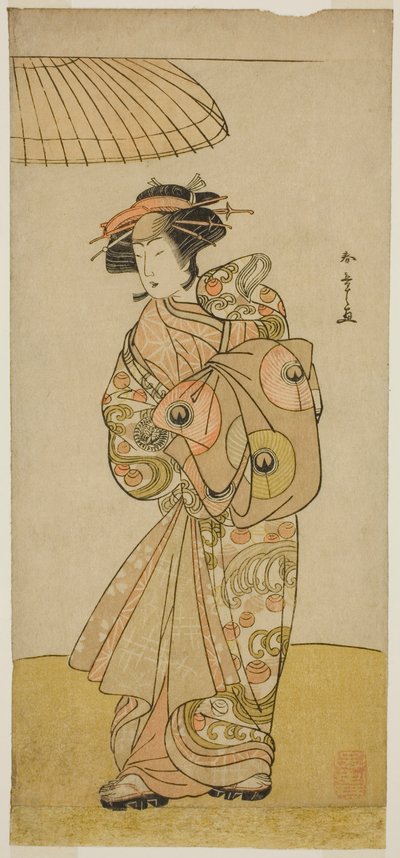Skuespilleren Ikushima Daikichi III som kurtisanen Naniwazu i stykket Saki Masuya Ume no Kachidoki, fremført på Ichimura Theatre i den ellevte måneden, 1777 av Katsukawa Shunsho