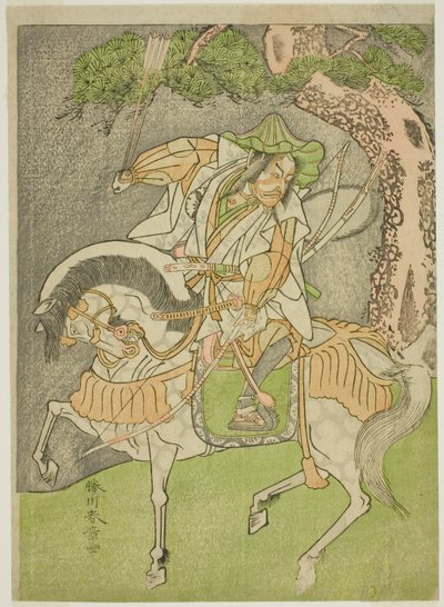 Skuespilleren Matsumoto Koshiro II som Kagekiyo forkledd som Omi Yawatanosuke i stykket Haru wa Soga Akebono-zoshi, fremført på Nakamura Theatre i den første måneden, 1772 av Katsukawa Shunsho