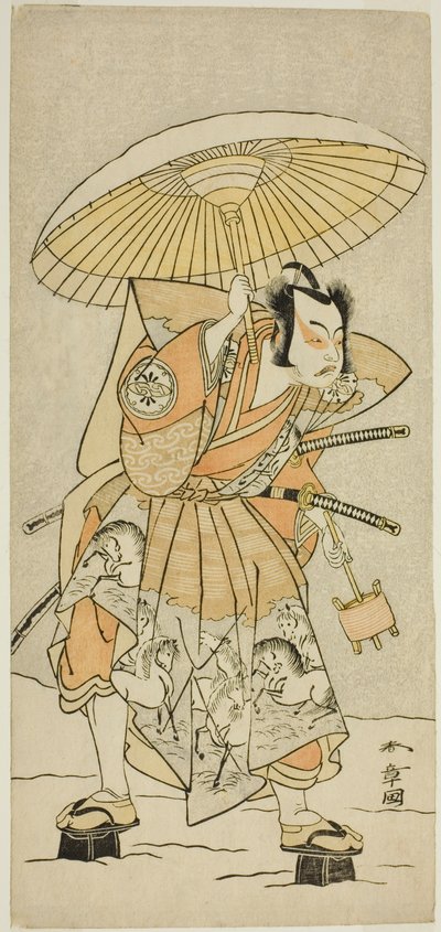 Skuespilleren Nakamura Juzo II som Kajiwara Genta Kagetoki i stykket Izu-goyomi Shibai no Ganjitsu, fremført på Morita Theatre i den ellevte måneden, 1772 av Katsukawa Shunsho