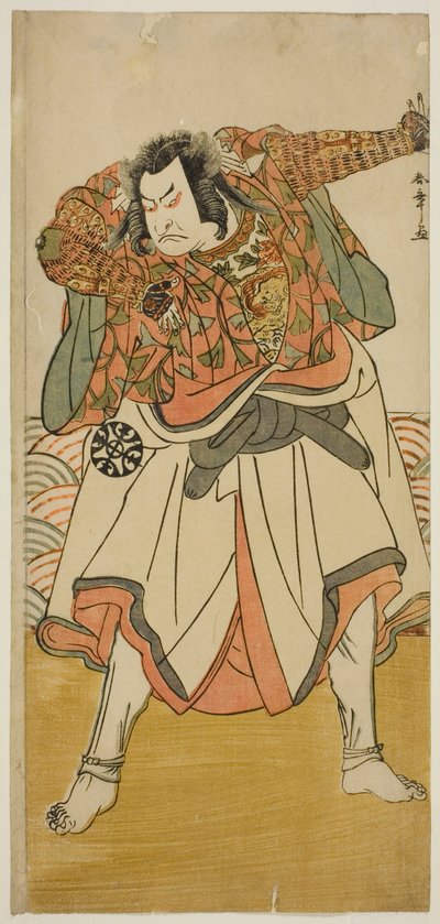 Skuespilleren Nakamura Nakazo I som Chinzei Hachiro Tametomo forkledd som en asketisk munk, i stykket Kitekaeru Nishiki no Wakayaka, fremført på Nakamura Theatre i den ellevte måneden, 1780 av Katsukawa Shunsho