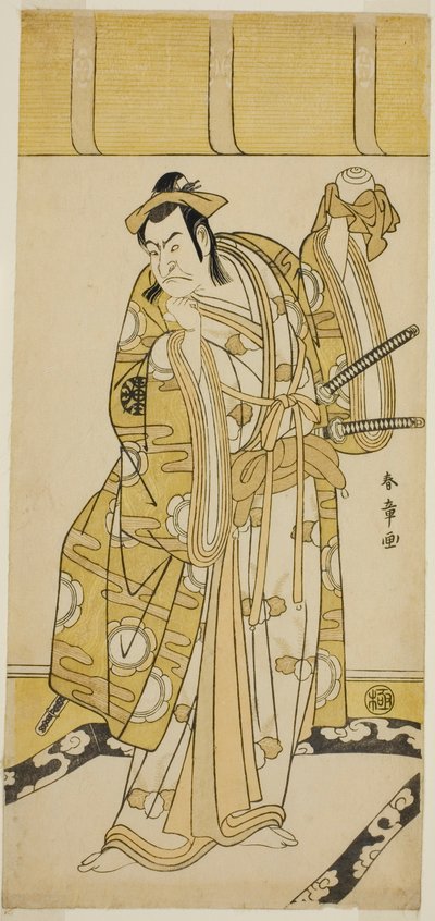 Skuespilleren Nakamura Nakazo I som Nagao Terutora i stykket Kuruma-gakari Tekuda no Gumbai, fremført på Ichimura Theatre i den ellevte måneden, av Katsukawa Shunsho