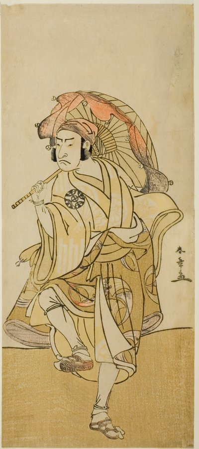 Skuespilleren Nakamura Nakazo I som Onmaya Kisanda forkledd som løvedanseren Kakubei i stykket Chigo Torii Tobiiri Kitsune, fremført på Ichimura Theatre i den ellevte måneden, 1777 av Katsukawa Shunsho