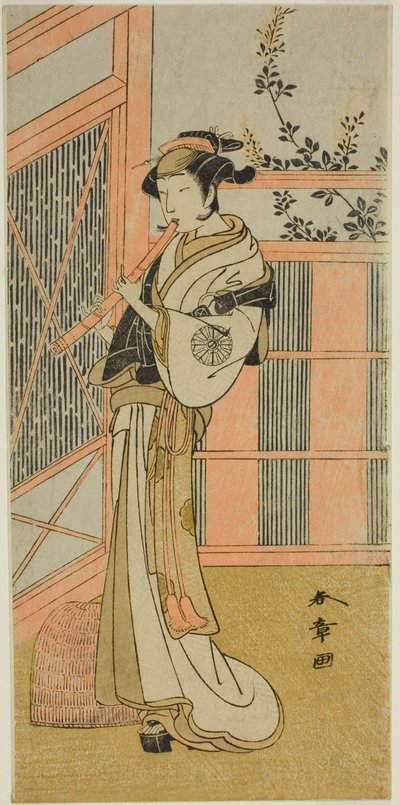 Skuespilleren Nakamura Noshio I som Misao forkledd som en Komuso i stykket Kosode-gura no Tekubari, fremført på Morita-teatret i den andre måneden, 1772 (?) av Katsukawa Shunsho