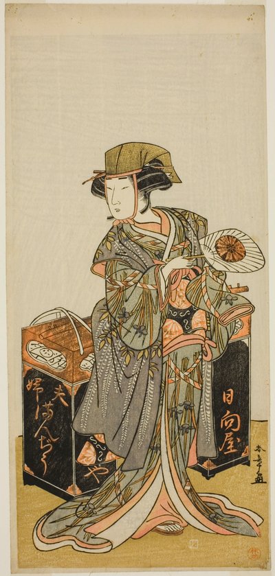Skuespilleren Nakamura Tomijuro I som den kvinnelige bønnekakehandleren Hyugaya i stykket Chigo Torii Tobiiri Kitsune, fremført på Ichimura Theatre i den ellevte måneden, 1777 av Katsukawa Shunsho