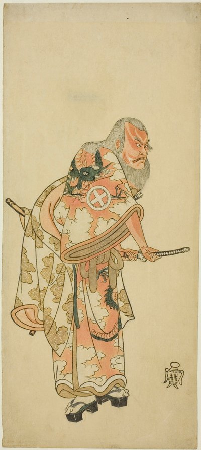 Skuespiller Otani Hiroemon III som Hige no Ikyu i scenen "Sukeroku" i stykket "Hitokidori Harutsuge Soga" av Katsukawa Shunsho