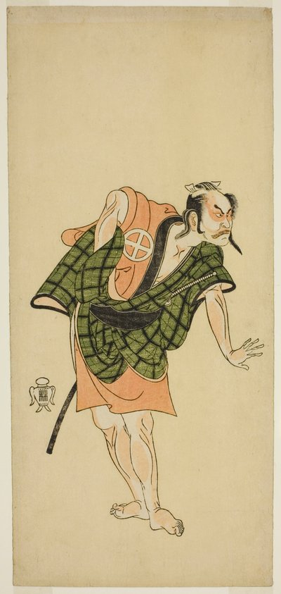 Skuespilleren Otani Hiroji III som Onio Shinzaemon (?) i Play Bunshin Sugatami Soga (?), fremført på Morita Theatre (?) i den andre måneden, 1765 (?) av Katsukawa Shunsho