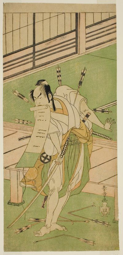 Skuespilleren Otani Hiroji III som en hvit rev forkledd som Ukishima Daihachi i stykket Shinasadame Soma no Mombi, fremført på Ichimura Theatre i den syvende måneden, 1770 av Katsukawa Shunsho