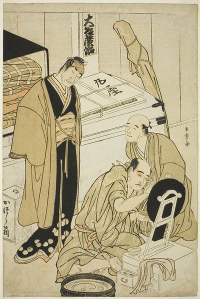 Skuespilleren Otani Hiroji III i garderoben hans assistert av Otani Tokuji I (?) og Oberved av Nakamura Nakazo I (?) av Katsukawa Shunsho