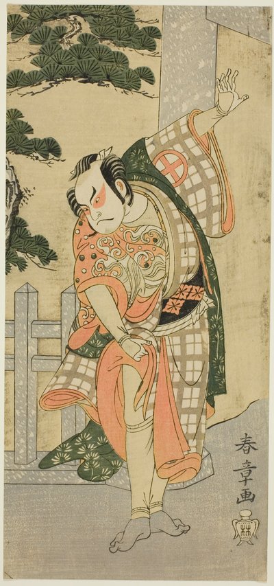 Skuespilleren Otani Hiroji III i en sceneposisjon (Mie) foran en helligdomsport av Katsukawa Shunsho