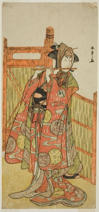 Skuespilleren Segawa Kikunojo III som Kojoro-gitsune forkledd som blomsterhandleren Okiku i stykket Mure Takamatsu Yuki no Shirahata, fremført på Ichimura Theatre i den ellevte måneden, 1780 av Katsukawa Shunsho