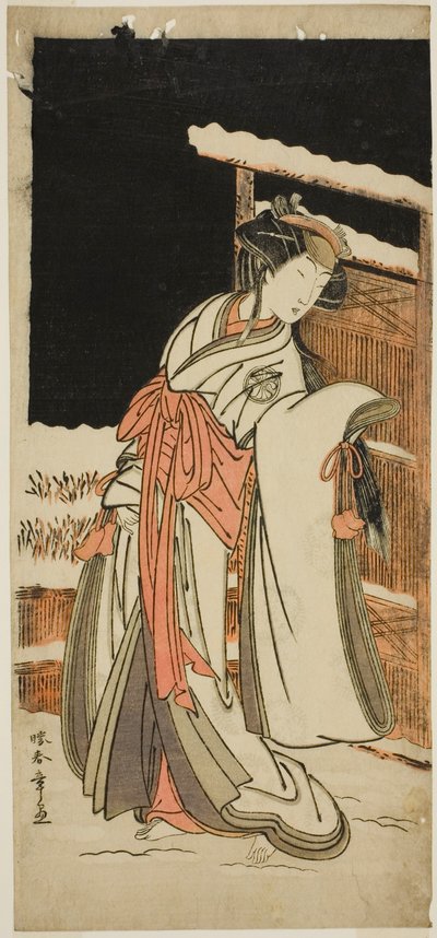 Skuespilleren Segawa Kikunojo III som Lady Shizuka (Shizkua Gozen) forkledd som Tamazusa i stykket Chigo Torii Tobiiri Kitsune, fremført på Ichimura Theatre i den ellevte måneden, 1777 av Katsukawa Shunsho
