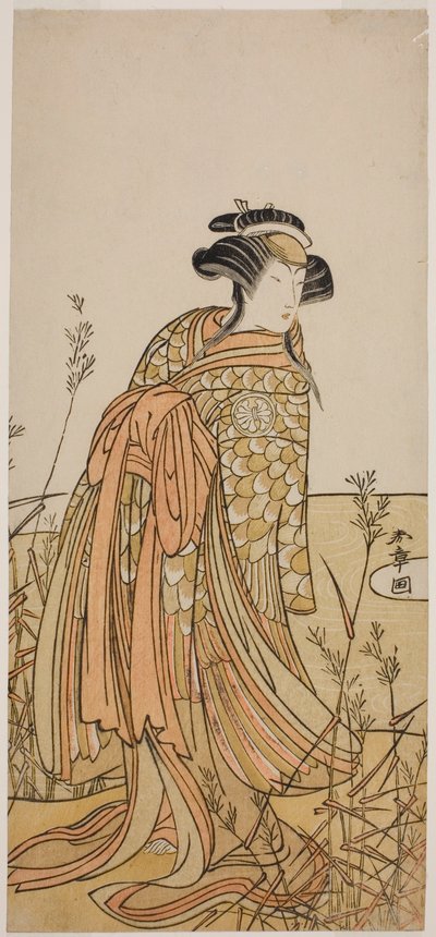Skuespilleren Segawa Kikunojo III som Spirit of a Mandarin Duck (Oshidori) forkledd som Tagasode, i stykket Hana-zumo Genji Hiiki, fremført på Nakamura Theatre i den ellevte måneden, 1775 av Katsukawa Shunsho