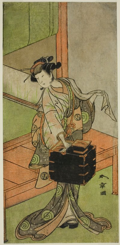 Skuespilleren Yamashita Kinsaku II som Miyagino forkledd som frisør i stykket Kosode-gura no Tekubari, fremført på Morita-teatret i den andre måneden, 1772 (?) av Katsukawa Shunsho