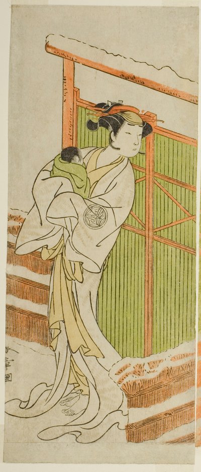 Skuespilleren Yamashita Kinsaku II som Moshio i stykket Izu-goyomi Shibai no Ganjitsu, fremført på Morita Theatre i den ellevte måneden, 1772 av Katsukawa Shunsho