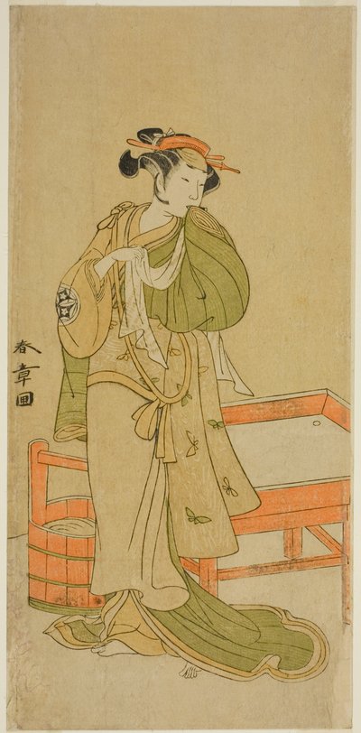 Skuespilleren Yamashita Kinsaku II som Moshio i stykket Izu-goyomi Shibai no Ganjitsu, fremført på Morita Theatre i den ellevte måneden, 1772 av Katsukawa Shunsho