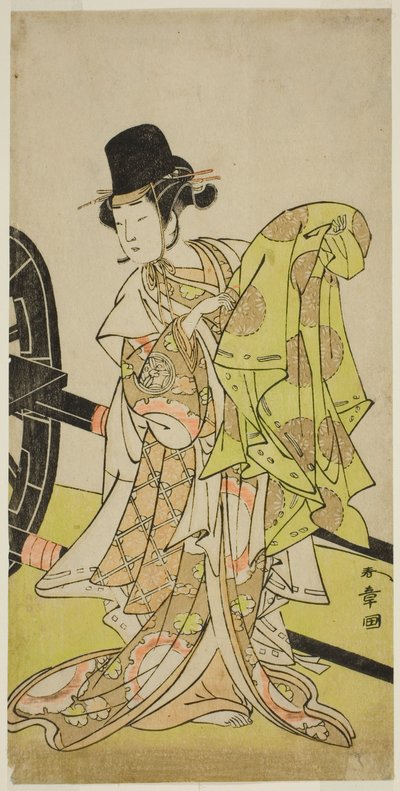 Skuespilleren Yamashita Kinsaku II som Tsukimasu, opptrer som Sakura-maru, i stykket Miya-bashira Iwao no Butai, fremført på Morita Theatre i den syvende måneden, 1773 av Katsukawa Shunsho