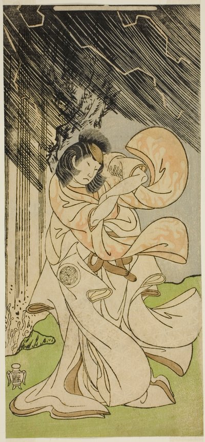 Skuespilleren Yamashita Kinsaku II som en tordengudinne i stykket Onna Narukami, fremført på Morita Theatre i den første måneden, 1770 av Katsukawa Shunsho