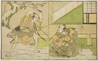 Skuespillerne Arashi Sangoro II som Hojo Tokiyori (til høyre), og Otani Hiroji III som Koga Saburo (til venstre), i stykket Kono Hana Yotsugi no Hachi no Ki, fremført på Ichimura Theatre i den ellevte måneden, 1771 av Katsukawa Shunsho