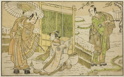 Skuespillerne Arashi Sangoro II som Minamoto no Yoritomo (til høyre), Segawa Kikunojo II som Yuki Onna (i midten), og Ichimura Uzaemon IX som Kajiwara Genta no Kagetoki, i stykket Myoto-giku Izu no Kisewata, fremført på Ichimura Theatre i ellevte måned, av Katsukawa Shunsho