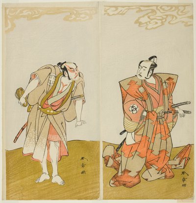 Skuespillerne Bando Mitsugoro I som Hata no Kawakatsu (til høyre), og Otani Hiroemon III som tjeneren (Yakko) Gansuke (til venstre), i stykket Miya-bashira Iwao no Butai (Shrine Pillars on a Stone Base), fremført på Morita Teater fra den femtende dag t av Katsukawa Shunsho