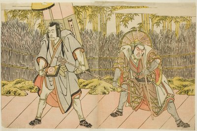 Skuespillerne Ichikawa Danzo IV som Arakawa Taro Takesada forkledd som Palanquin-bæreren Tarobei (til høyre), og Ichikawa Danjuro V som Abe no Sadato forkledd som pilegrim Kuriyagawa Jirodayu (til venstre), i stykket Godai Genji Mitsugi no Furisode, fremfø av Katsukawa Shunsho