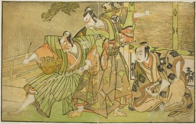 Skuespillerne Ichikawa Komazo II som Minamoto no Yorimasa (til høyre), Matsumoto Koshiro II som Osada no Taro Kagemune forkledd som Yatsurugi Zaemon (i midten), og Ichikawa Danzo III som I no Hayata Tadazumi (til venstre), In the Play Nue no Mori Ichiyo no av Katsukawa Shunsho