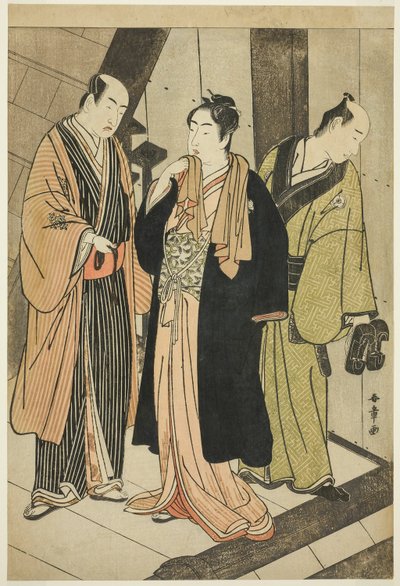 Skuespillerne Ichikawa Monnosuke II (til venstre), Iwai Hanshiro IV (i midten) og Iwai Karumo (?) (til høyre), på en landing backstage av Katsukawa Shunsho
