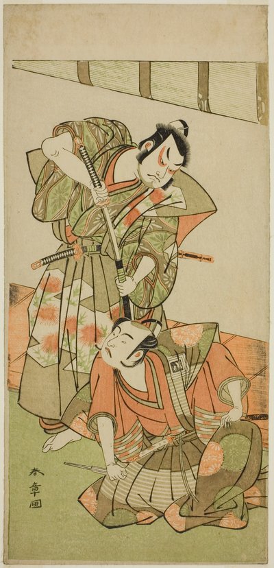 Skuespillerne Ichikawa Yaozo II som Konoshita Hyokichi (?) (til høyre), og Sakata Hangoro II som Matsunaga Daizen Hisahide (?) (til venstre), i stykket Gion Sairei Shinko Ki (?), fremført på Ichimura Theatre (?) i den femte måneden, 1775 (?) av Katsukawa Shunsho